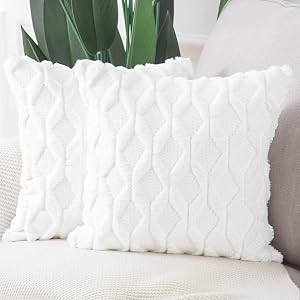 MADIZZ Pack of 2 Soft Plush Short Wool Velvet Decorative Throw Pillow Covers Luxury Style Cushion Case Pillow Shell for Sofa Bedroom Square White 16x16 inch