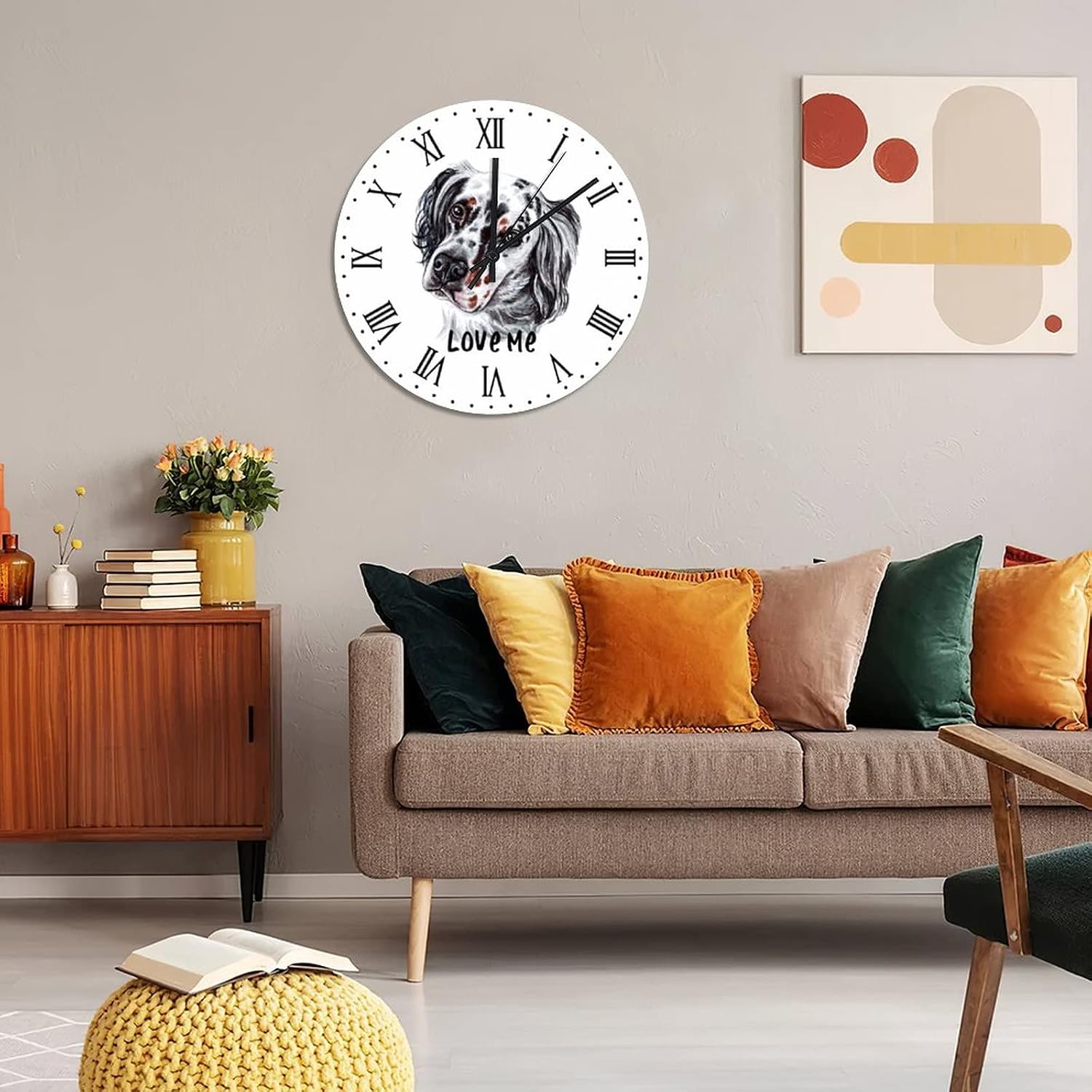 PVC Clocks Love Me English Setter Clock Dog Mom Clock Pet Memorial Hanging Wall Clocks Silent Non-Ticking Clock for Living Room Kitchen Bedroom Office 15x15in
