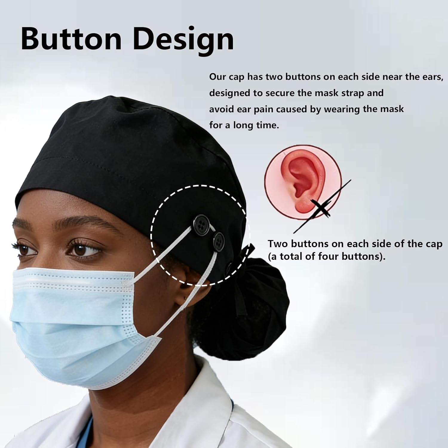 Black Nurse Hat Chef Hat for Women, Double-Layer Cotton Liner Scrub Caps Women Adjustable Elastic Tie Back Satin Lining Nurse Caps for Women Sweatband Hair Cover for Work&Surgical Caps Women