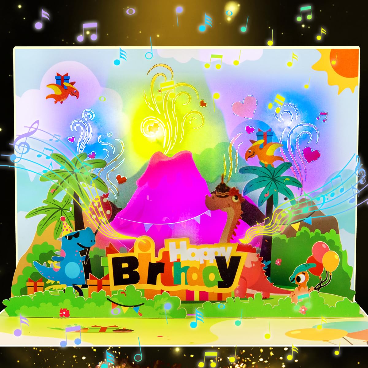 CNLITIHEKA Volcanic Dinosaur Musical Birthday Cards for Kids, Music and Lights Pop Up Birthday Cards, Happy Birthday Greeting Cards for Adults,