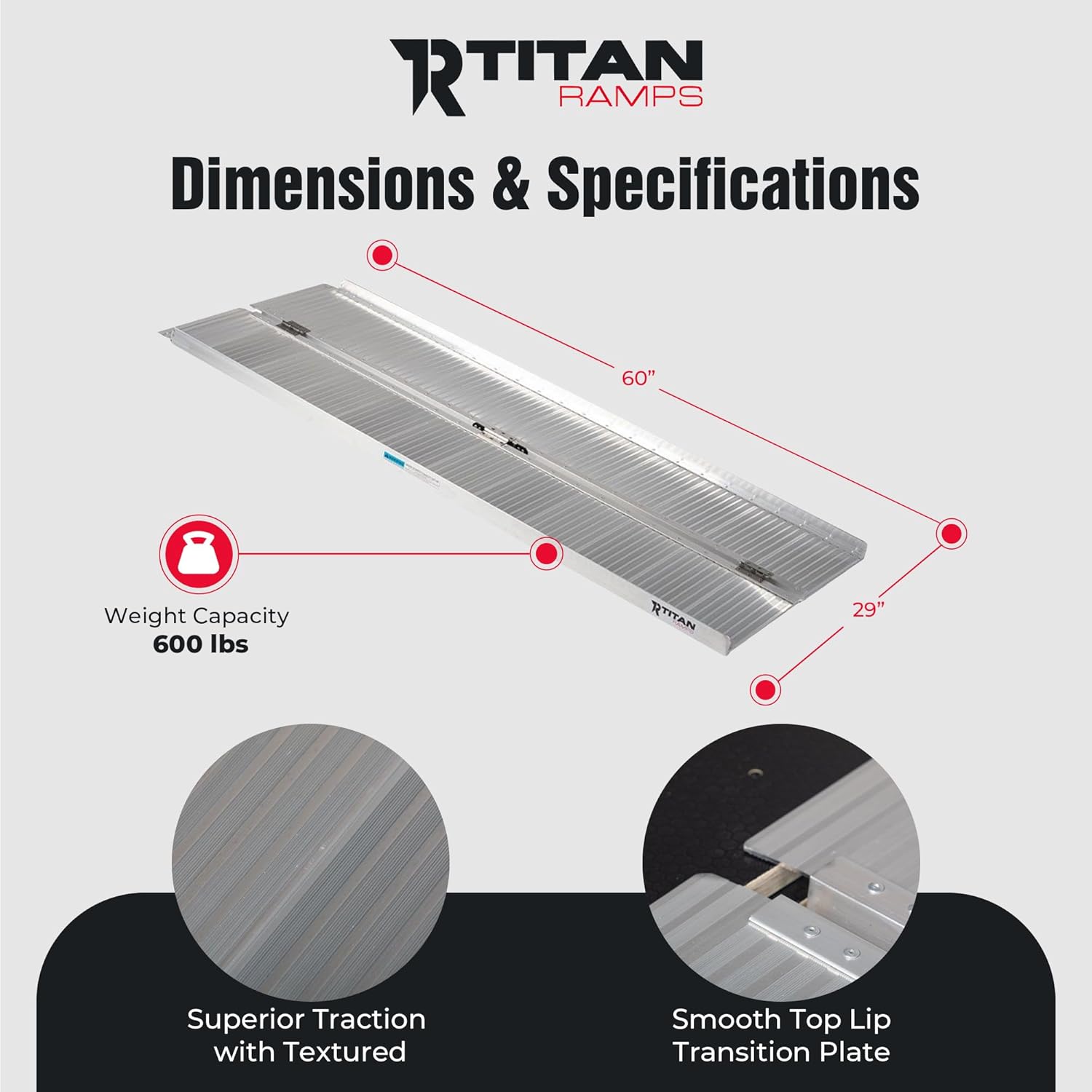 Diagram showing the dimensions and weight capacity of the Titan Ramps Single-Fold Wheelchair Ramp.
