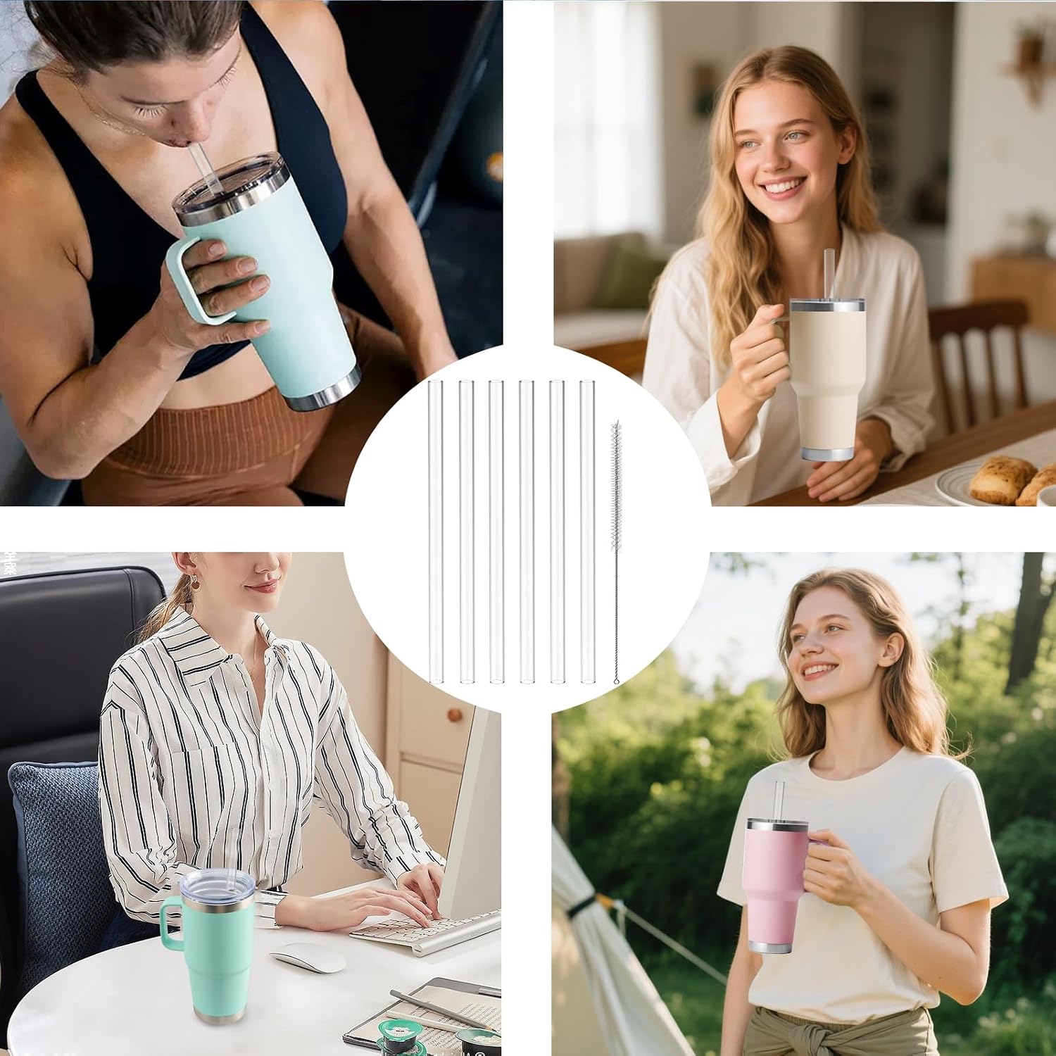 Straws for Yeti 42 oz Cup, 8Pcs 10.6 Inch Reusable Replacement Straws for 42oz Rambler Tumbler, BPA-Free Hard Plastic Accessories with 1 Cleaning Brush, Ideal for Smoothies, Milkshakes
