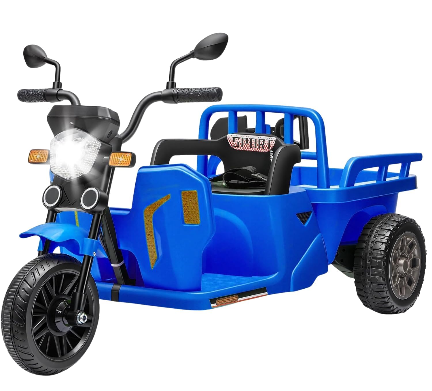 Elektrischer Traktor mit Anhänger 12V, Tuk-Tuk für Kinder, Dreirad, Musik, LED, Hupe – Elektrisches Kinderfahrzeug, Outdoor Spielzeug, 3-6KM/H, Elektro-Trike für Kinder von 3–8 Jahren