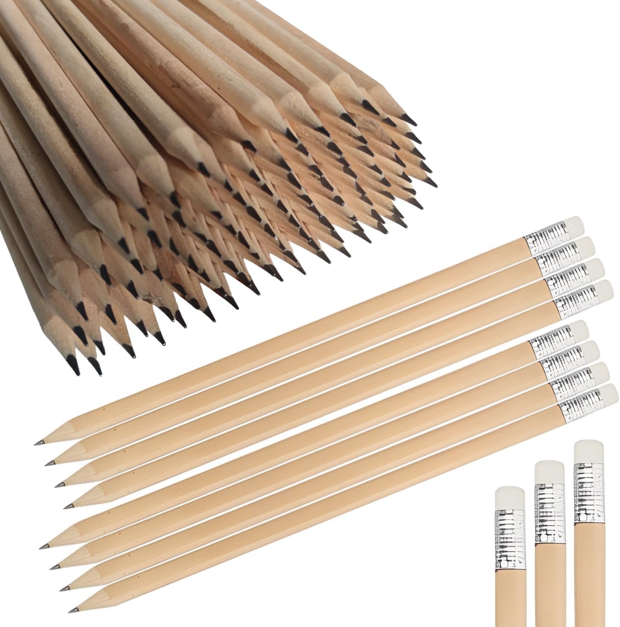 Pack de 50 Lápices de Madera Redondos con Goma de Borrar 2HB para Dibujo, Oficina, Colegio, Lápiz afilado con punta estándar