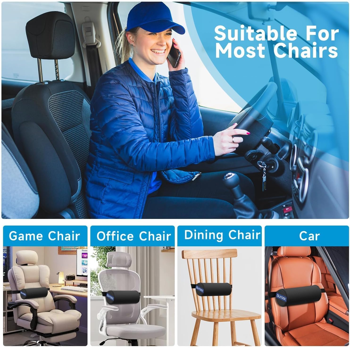 QUTOOL Lumbar Roll, Lumbar Support Pillow for Office Chair with Non-Slip Wider Strap, Back Pain Relief & Posture Improvement, Washable Cover, Office Desk & Car Accessories, Black, Firm