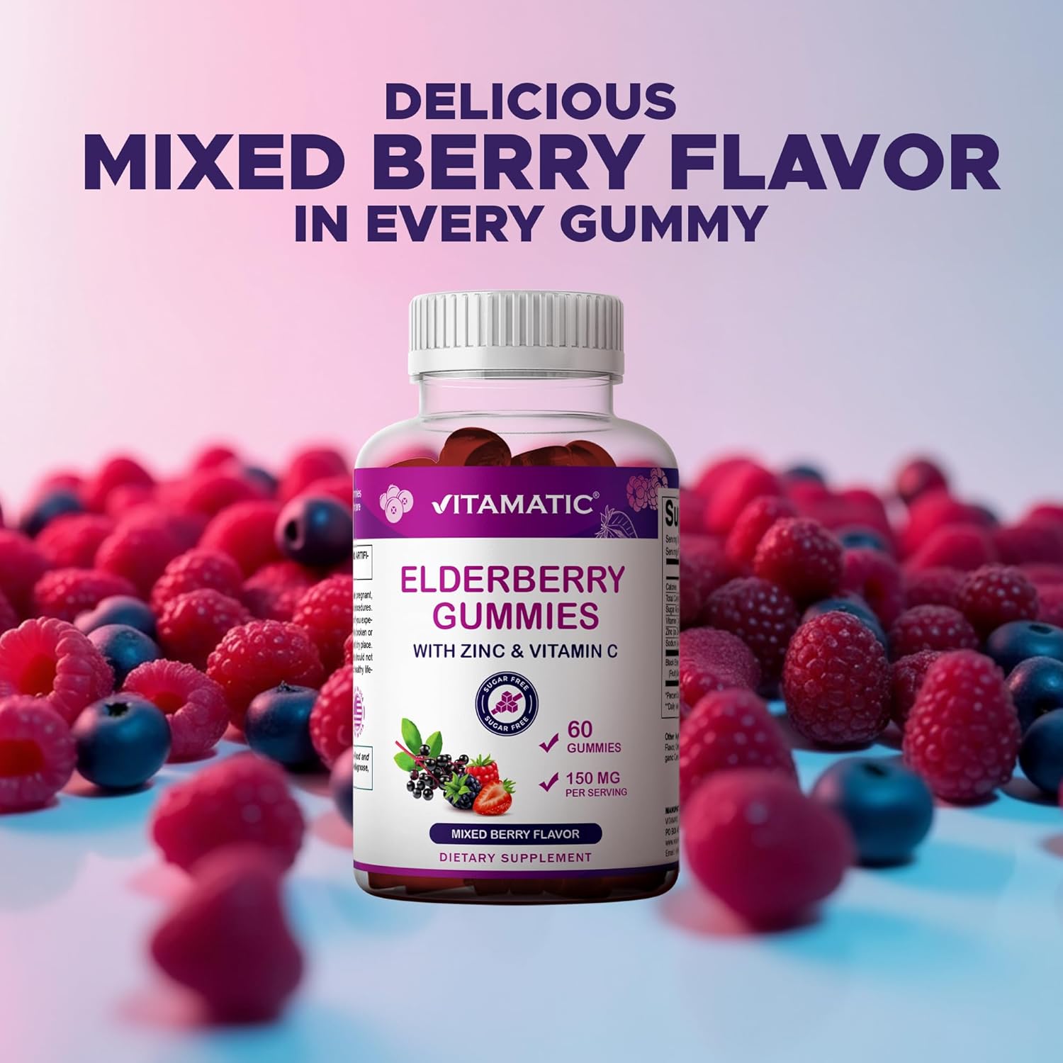 Vitamatic Elderberry Gummies with Vitamin C & Zinc – Immune Support Supplement – Mixed Berry Flavor– 60 Gummies – Made in The USA, Vegan, Non-GMO, Gluten-Free - 2 Pack