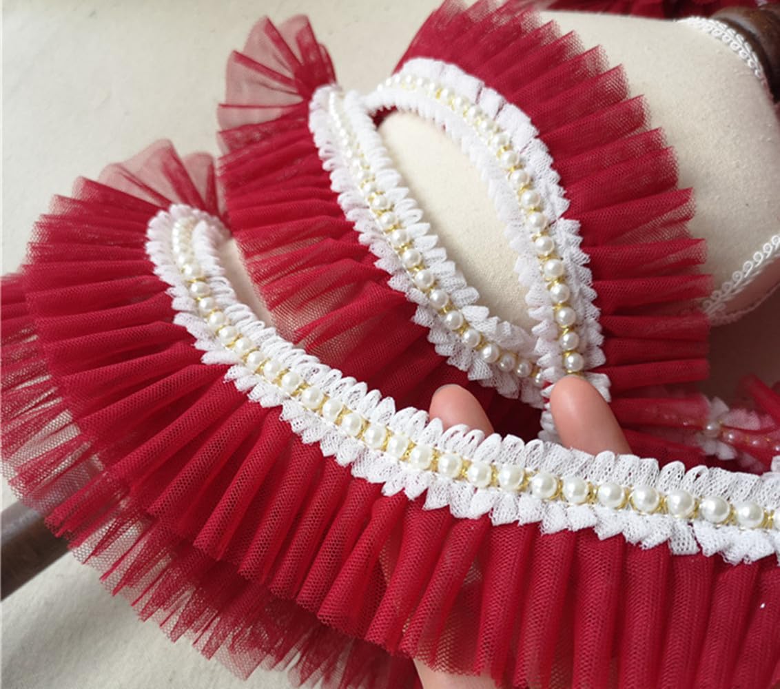 2 Yard Ruffled Beads Lace Edge Trims Chiffon Ribbon Tulle Pleated Pearl Lace Trimming for Doll Making Wedding Cake Tulle Dress Gown Design (Wine red)