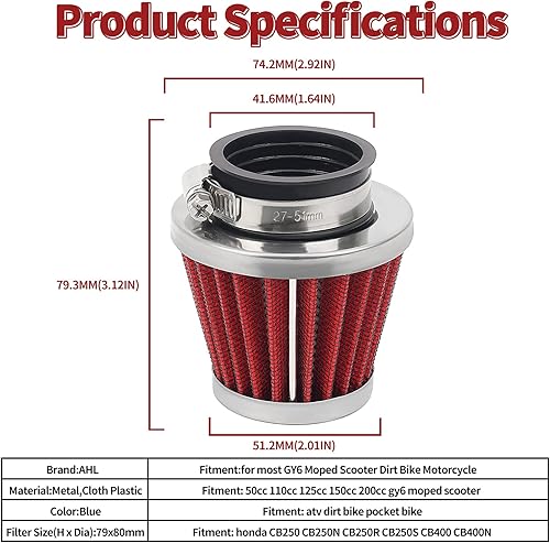 Miniatura 3 de AHL Cápsula de filtro de aire de rendimiento de almacén rojo de 1654in 150 cc-250 cc motocicleta scooter ATV Dirt Bike 1 unidad