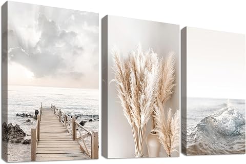 طقم لوحات كانفاس بإطار خشبي لمناظر بحرية ونبات البامباس، 3 قطع 90x40cm