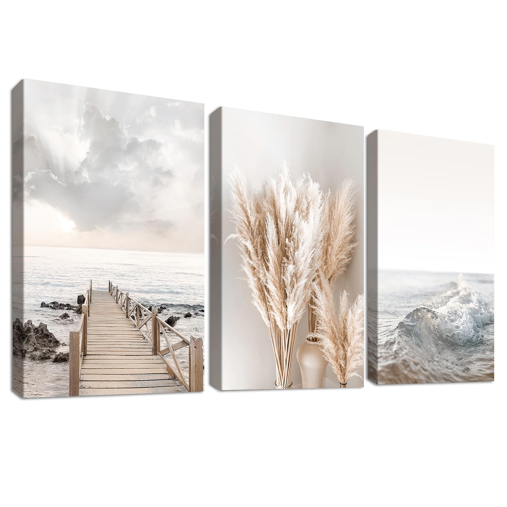 3 Pcs Costera Playa Océano Mar Marco de madera Cuadro Moderno Nórdico Beige Hierba de la Pampa Lienzo decorativos Pintura Imagen cuadros decoracion salon dormitorios baño Pasillo 30cmx40cmx3