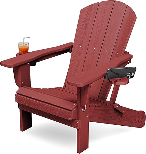 Vista 32 de Silla plegable KINGYES Adirondack con portavasos dobles - Sillas al aire libre de HDPE para todo clima, silla de patio tipo madera para el patio
