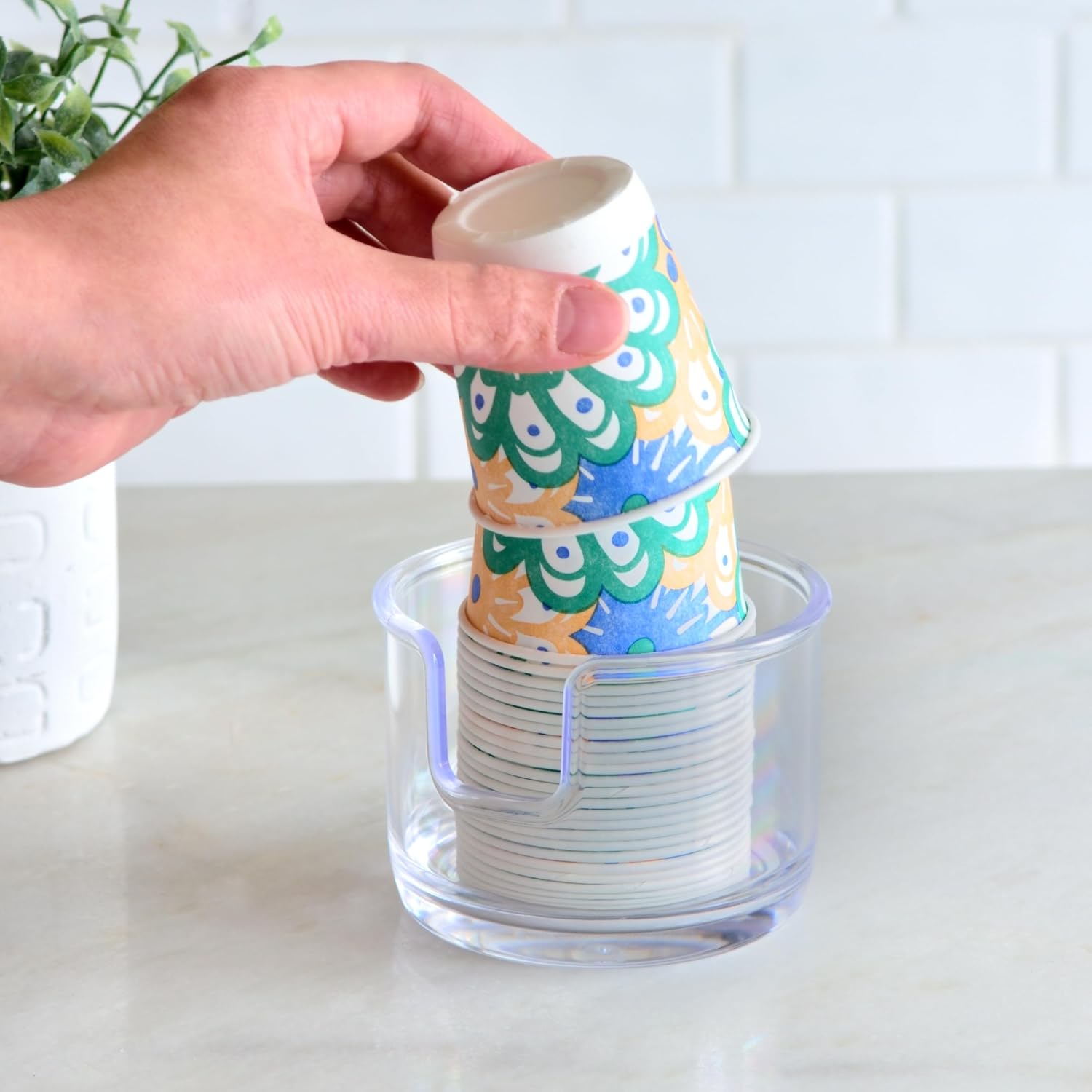 Youngever 2 Pack Plastic Disposable Paper Cup Dispenser, Small Plastic Dispenser Cup Holder (Clear)