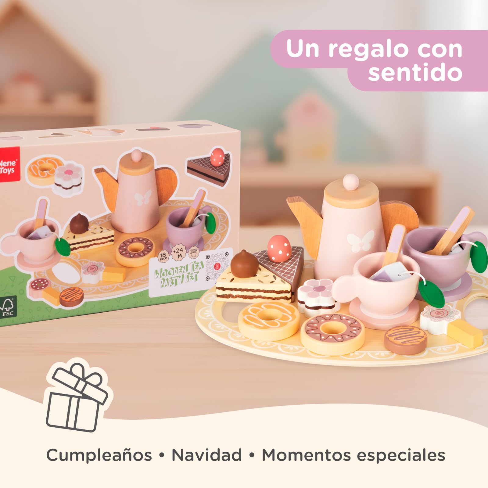 Nene Toys Set de Té de Madera para Niños 2 Años – Juego de Té 18 Piezas con Tetera, Bandeja, 2 Tazas & Cucharitas, Bolsitas de Té & Dulces – Juego Simbólico Montessori, Madera FSC® – Juguete 2–5 Años
