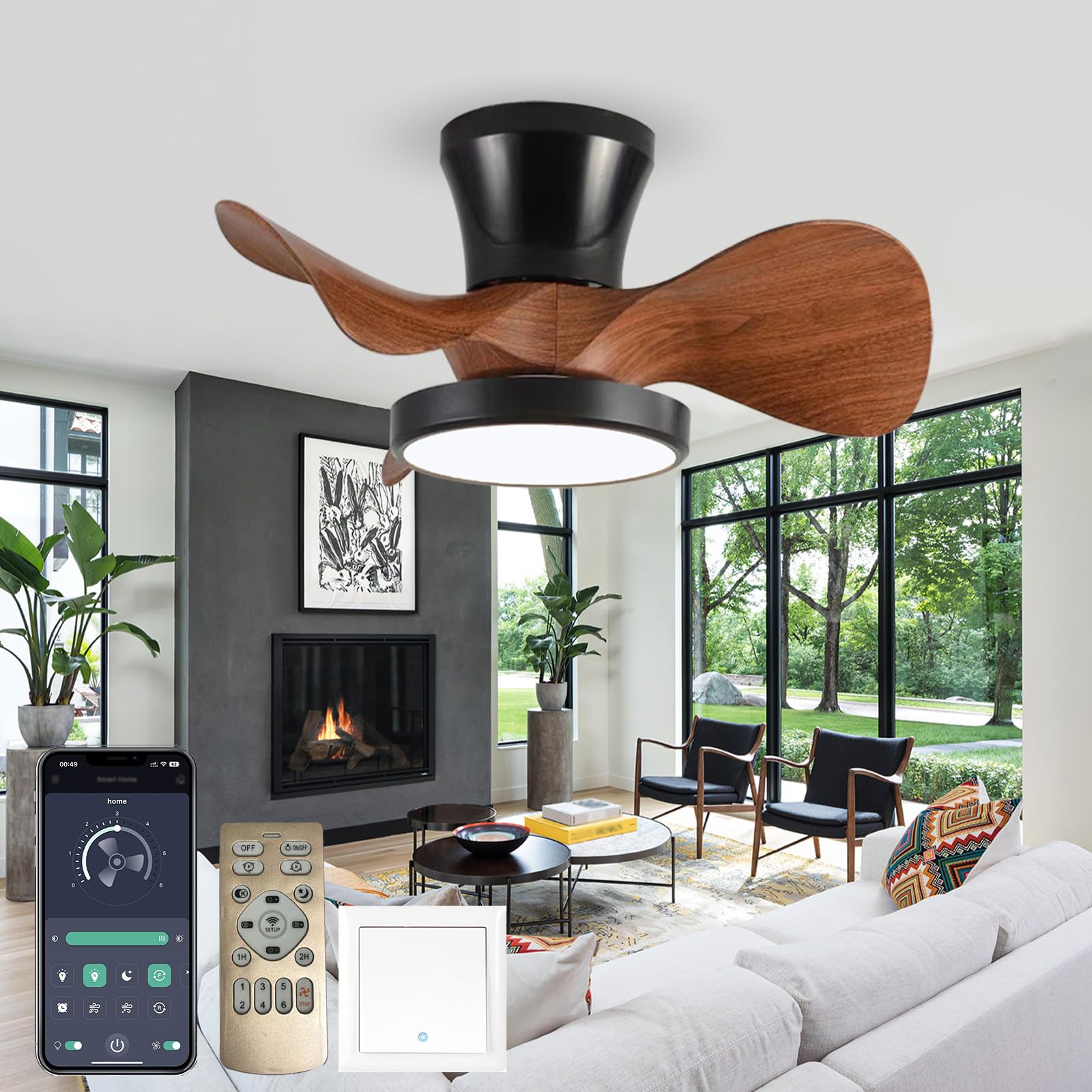 Smart plafondventilator wit met hout print 132cm incl. LED dimbaar met afstandsbediening - Cool