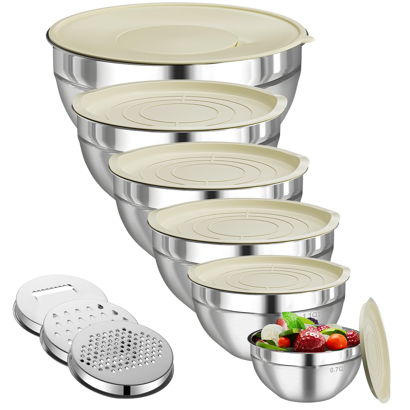 Lot De 6 Bols Mélangeurs Inox Avec Couvercles Et 3 Râpes - Tailles 4,5L à 0,7L - Cuisine Pratique