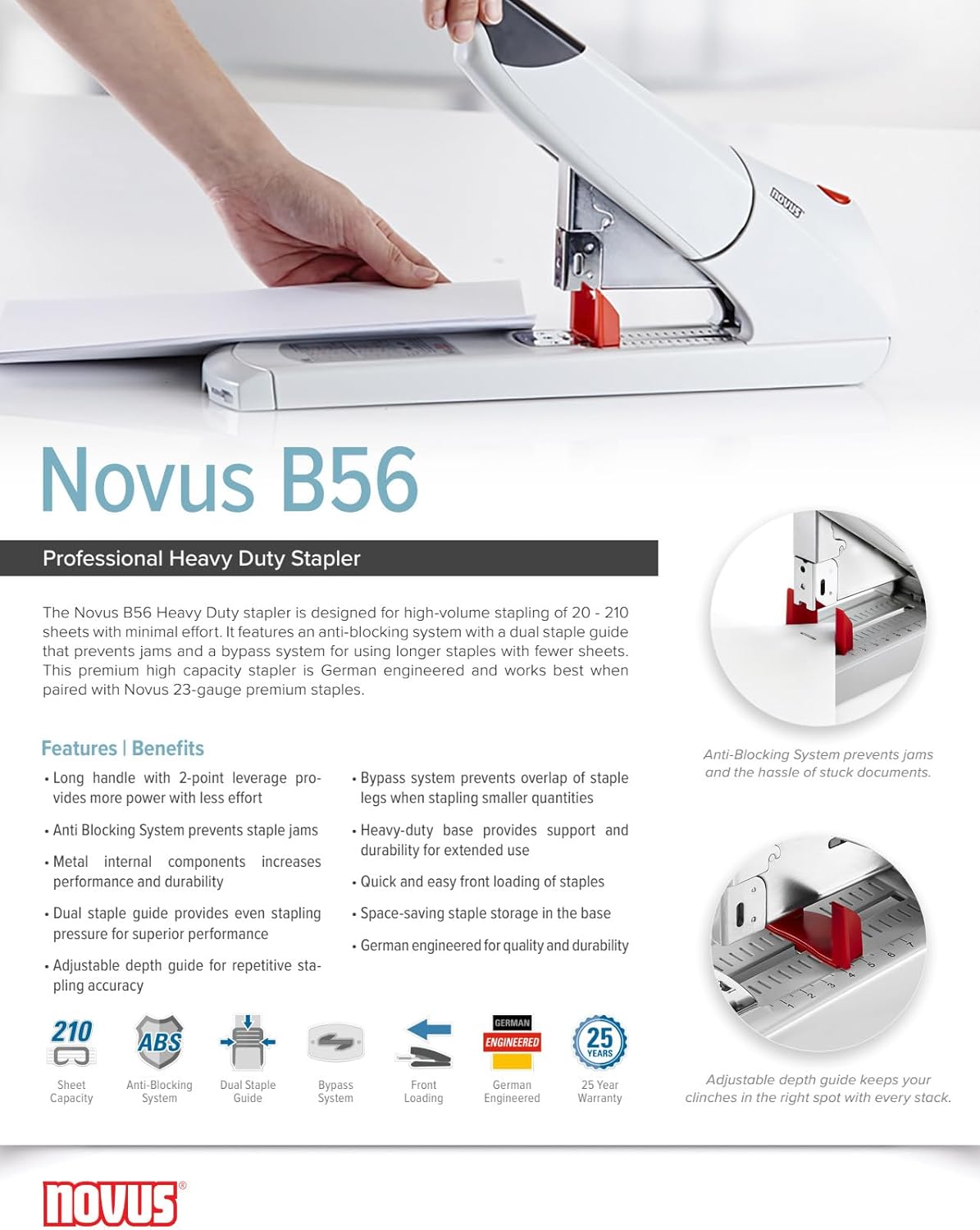 Novus B56 Heavy Duty Stapler, 200 Sheet Capacity, Anti-Jam, 3" Stapling Depth w/ Adjustable Guide, Staple Bypass, German Engineered (023-0059)