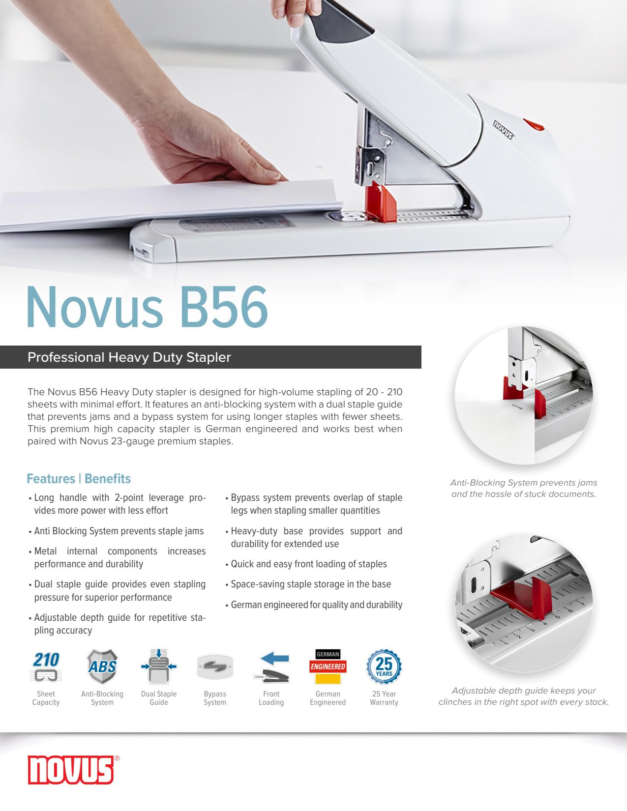 Novus - Cucitrice a blocco (da ufficio), B 56/3, 210 fogli, 65 mm, colore: Grigio chiaro/Nero