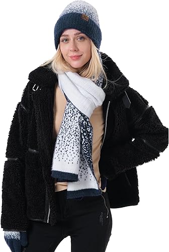 Miniatura 6 de Conjunto de gorro de punto de invierno para mujer y guantes para pantalla táctil, bufanda larga con forro polar cálido, bufandas para mujer