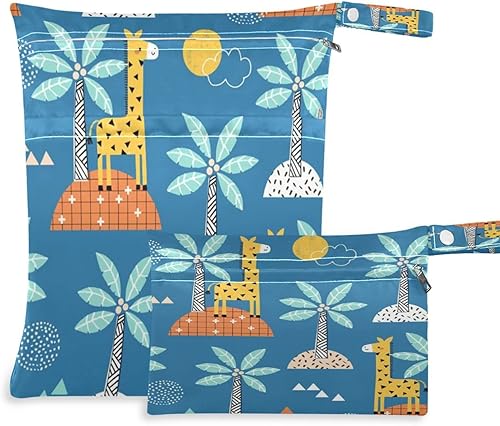 ERKIES Cartoon Giraffe Island Coconut Tree Wet and Dry Bags 2Pcs Waterproof Reusable Multifunctional Organizer with Zippered Pockets Can be Used for