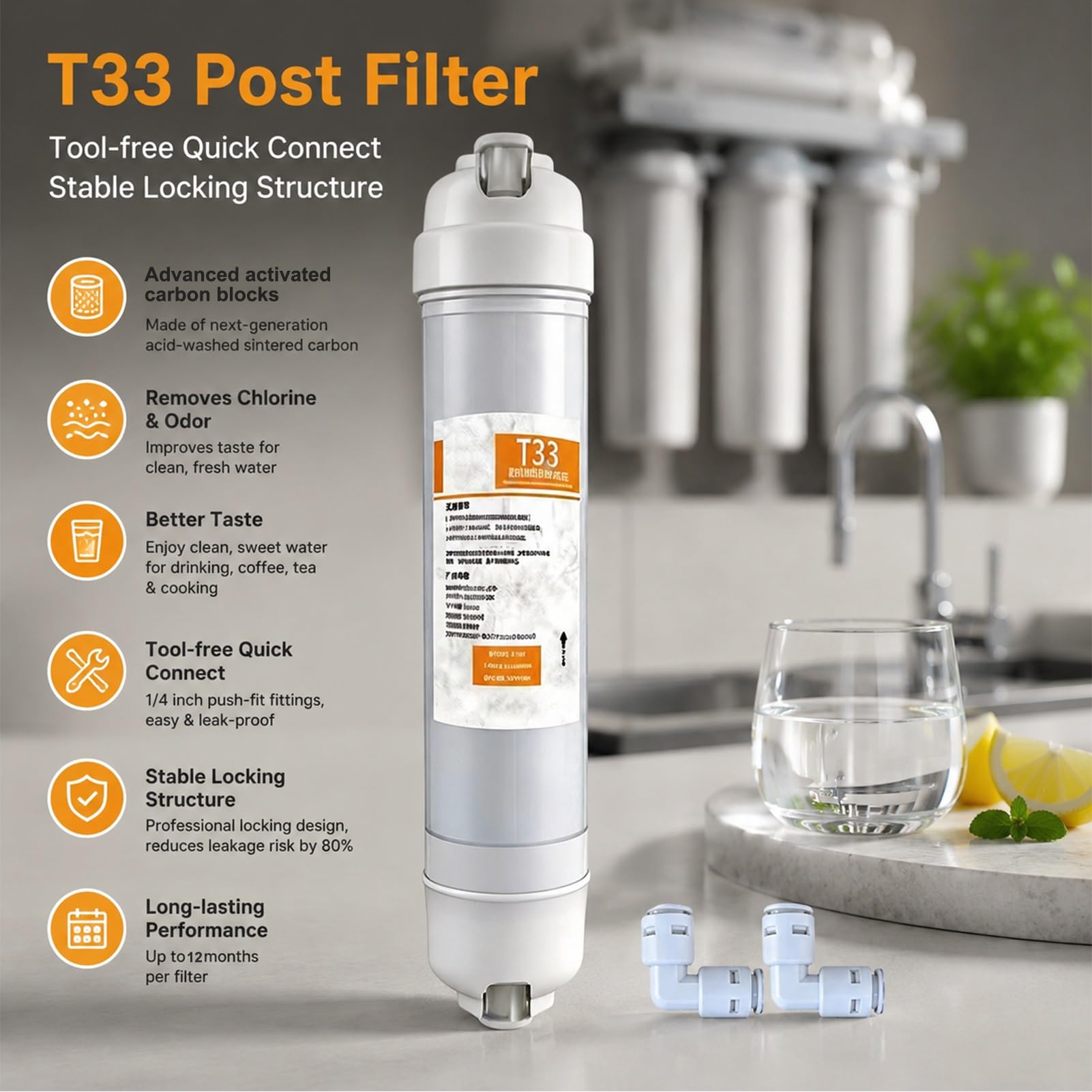 Lot De 4 Filtres À Eau À Charbon Actif Intégré T33 Pour Réfrigérateur/machine À Glaçons Avec Raccord Rapide, Adapté Aux Tuyaux D'eau De 1/4 Pouce