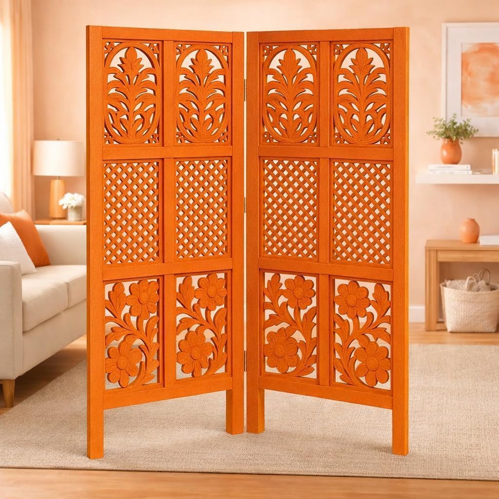 Wooden Room Divider Partition | Privacy Screen Separator for Living Room Bedroom Hall | Foldable Floor Screen | Home & Office Décor Partition (Orange, 2 Panel 4 feet Mix)-picture-26