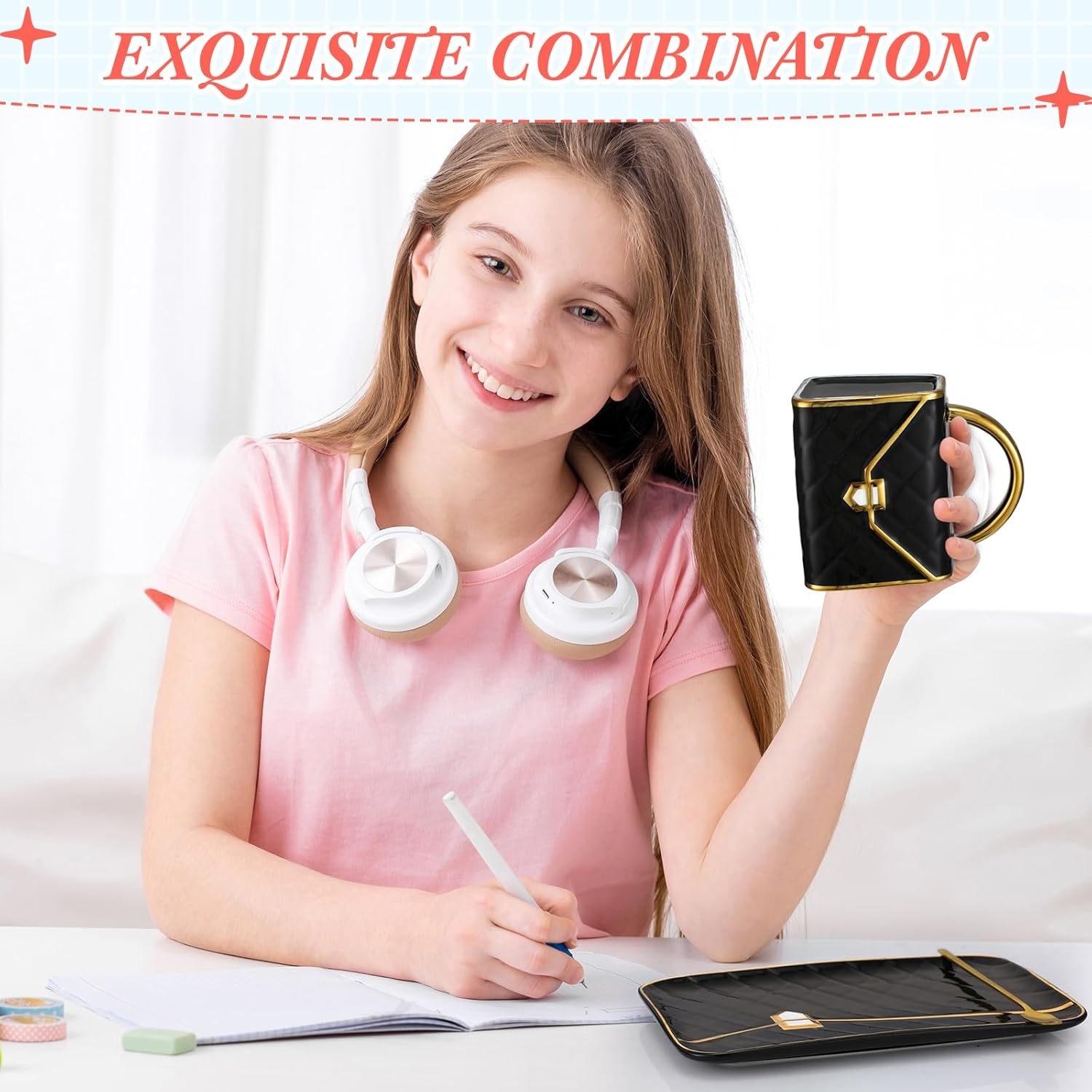 Nitial 2 Sets Handbag Shaped Mug and Saucer Set 10 oz/ 310 ml Ceramic Coffee Mug Purse Tea Cup with Saucer Spoon for Office Home Coffee(Black, White)