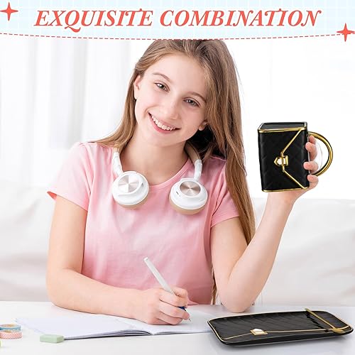 Miniatura 3 de Juego de 2 tazas y platillos de mano, taza de café y platillo, taza de café con forma de bolso, taza de té de cerámica con cuchara de platillo de 10