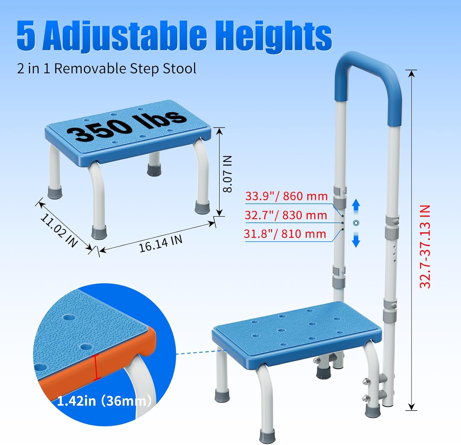 Step Stool with Handles for Elderly-Bed Stools with Adjustable Handrails and Non-Skid Platform,Foot Stool for Bedside,Kitchen,Car,Bathtub,Holds up to 350 lbs