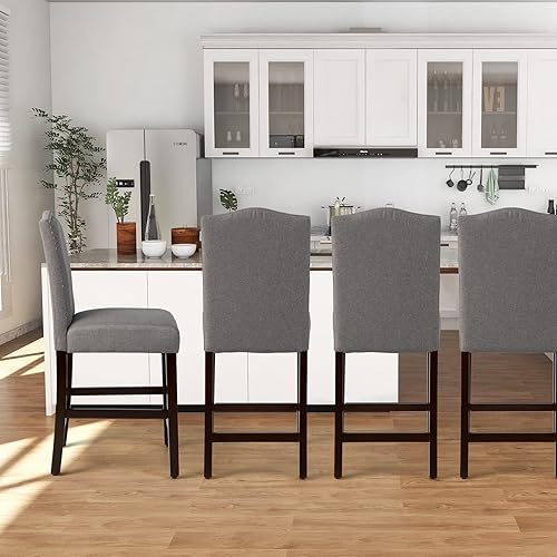 Miniatura 5 de COSTWAY Juego de 4 taburetes de bar, sillas tapizadas de lino con patas de madera de goma maciza, sillas de bar de madera para isla de cocina de 25
