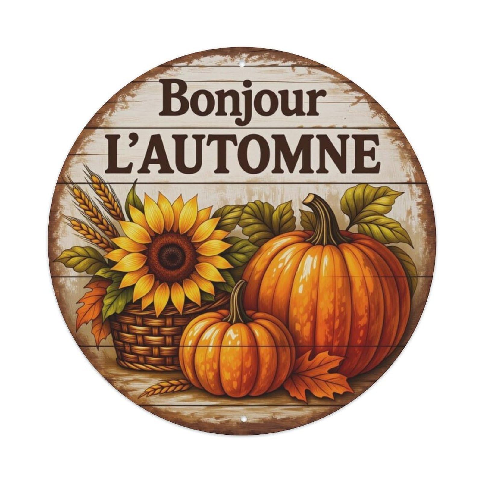 French Autumn Pumpkin Sunflower Round Decor Sign Vintage Aluminium Metal Sign, Retro Wall Decor for Home, Bar, Garage & Farmhouse 20x20cm