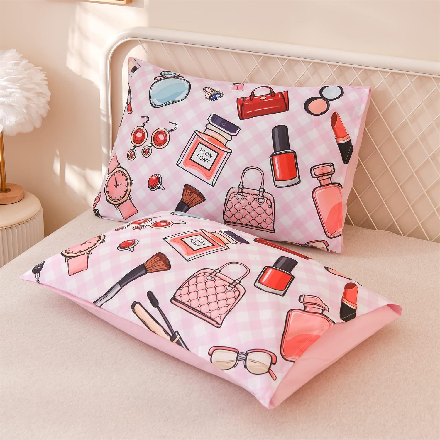 Aimuan Fashion Girl Comforter Sets Cosmetic Perfume Bag Lipstick Diva Pink Quilt Set Nail Polish Pattern Decorative Quilted 6 Pcs Makeup Bedding Set with 2 Pillowcases (Pink, Twin 6Pcs) Pink Twin(6Pcs) image 6 of 8 B0CG9KVMG2