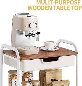 TOOLF 3 Tier Metal Utility Rolling Cart - White Storage Cart with Drawer and Wooden Table Top, Trolley Kitchen Organizer Rolling Desk with Locking Wheels for Office, Classroom, Home, Bedroom