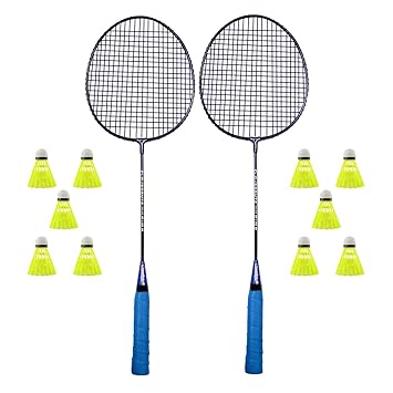 Badminton Kit Set Of 2 Piece Racquet With 10 Piece Plastic Shuttlecock Badminton Kit, Blue