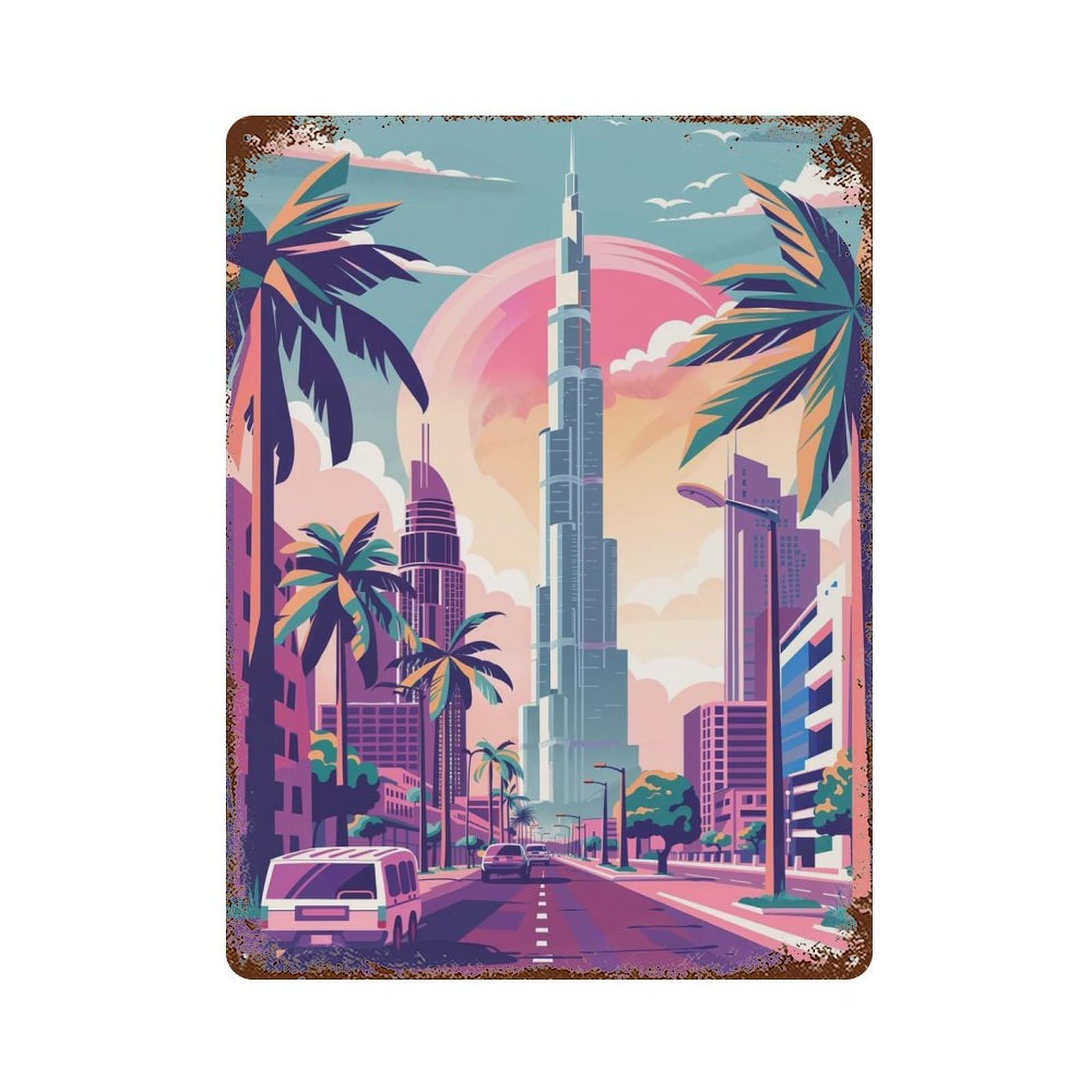 Garage Style Dubai Skyline with Palm Trees Distressed Metal Wall Sign 15.7"x11.8", Decorative Metal Wall Art for Bar And Workshop