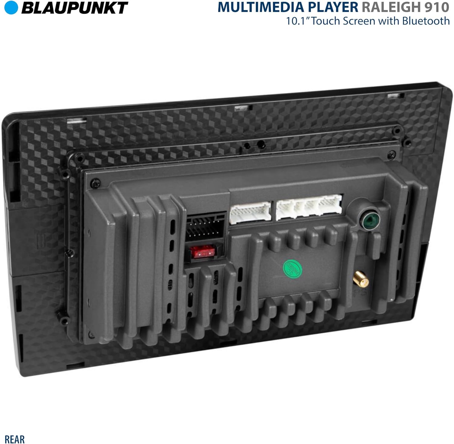 Rear view of the BLAUPUNKT Raleigh 910 showing various ports and connectors. These include power input, speaker outputs, USB ports, RCA outputs, and camera inputs. A fuse is also visible.