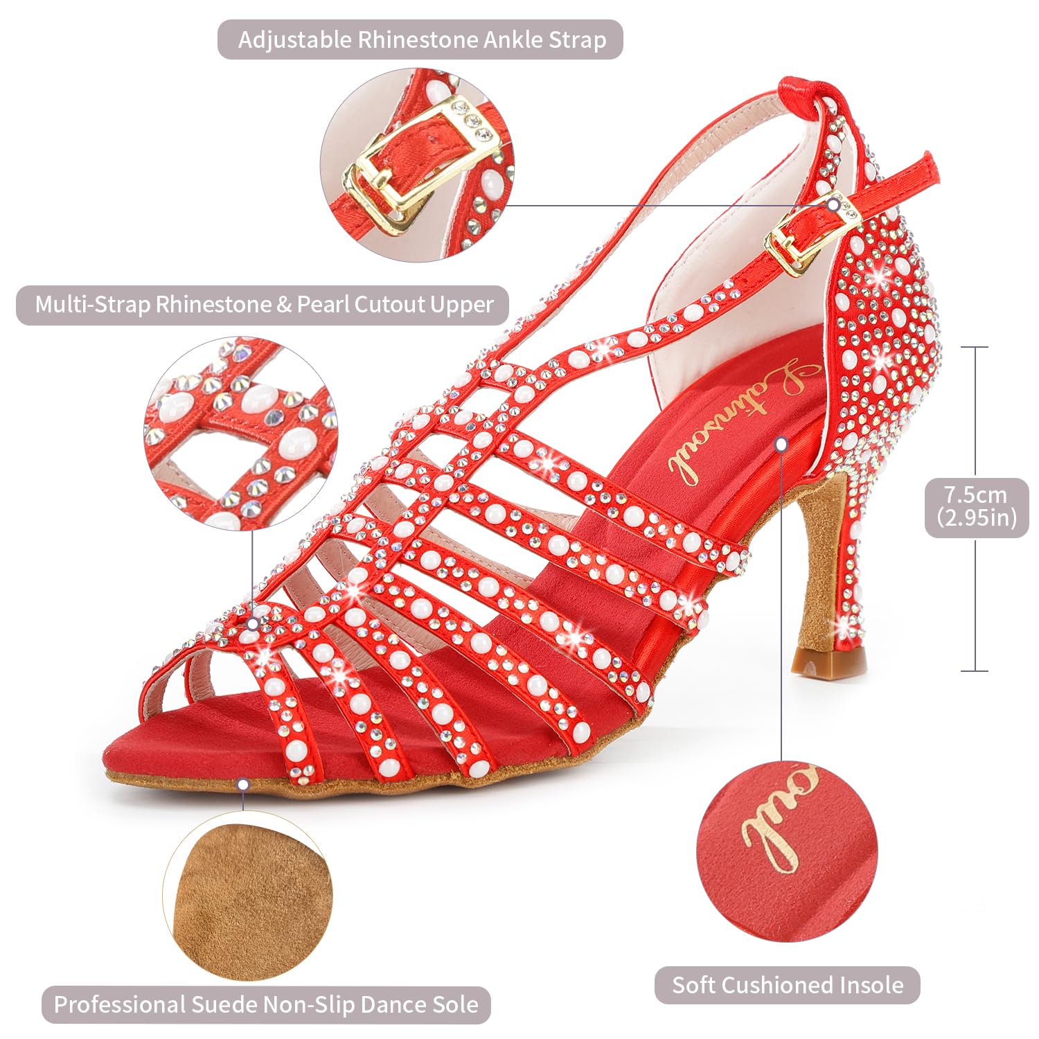 Latinsoul Y205-32 Damskie eleganckie buty do tańca latynoamerykańskiego z kryształkami wysokie obcasy wygodne sandały z regulowanym paskiem na kostkę do tańca towarzyskieg