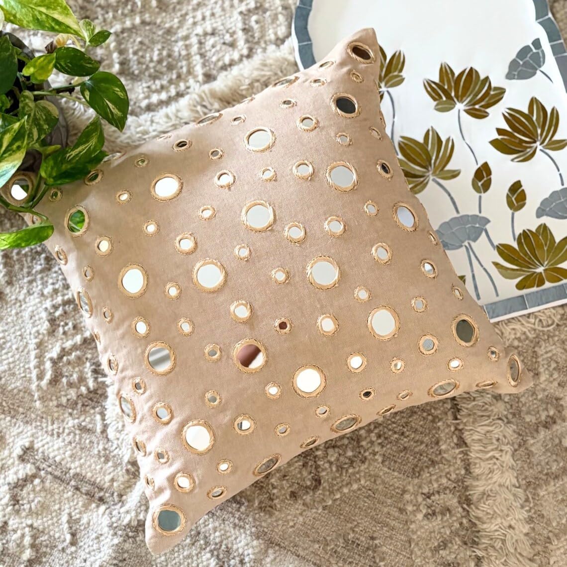 The HomeCentric Sofa Cushion Cover, Beige European Shams 26x26 inch (65x65 cm) Cotton Euro Pillow Shams, Circles & Dots, Mirror Embroidery, Contemporary Euro Size Pillow Covers - Reflections