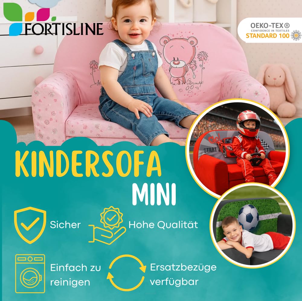 FORTISLINE Kindersofa MINI ausklappbar 78 x 40 x 45 cm - Kindercouch aus Mikrofaser mit Liegefläche 104 cm, abnehmbarem waschbarem Bezug, Oeko-TEX Standard 100 Sterne Grau