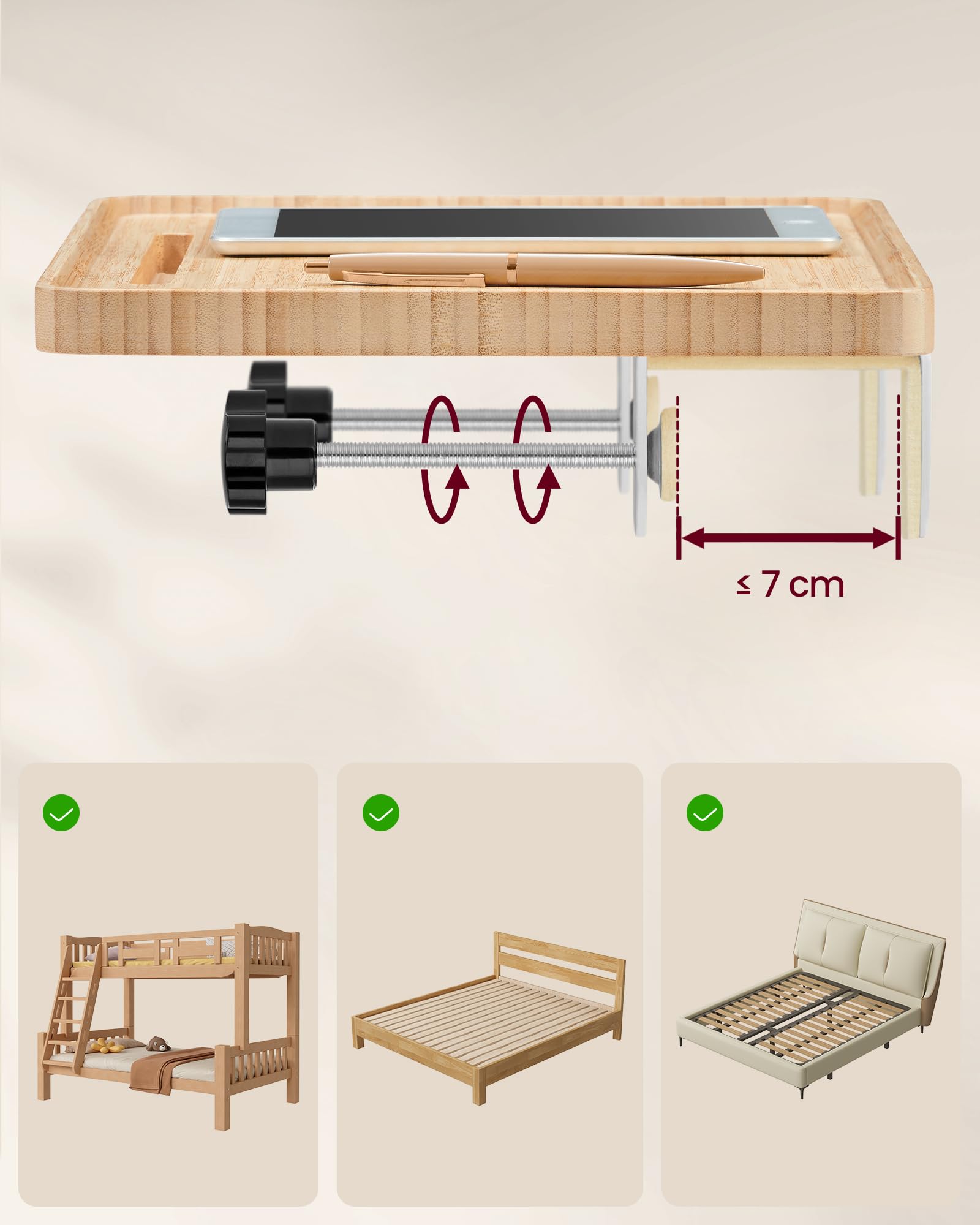 VASAGLE Bedblad, voor stapelbed, telefoonvak, draaibare glazen houder, haak, verstelbare klemmen, slaapkamer, natuurbeige LET301N03