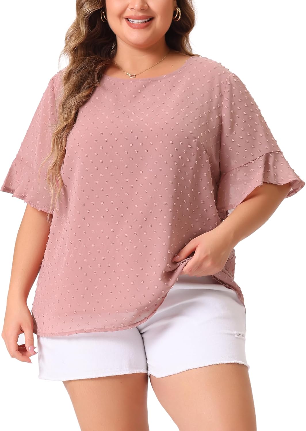 Agnes Orinda Plus Size Top for Women Round Neck Ruffle Sleeve Swiss Dots Tee Shirt Tops 2024 Summer Blouse