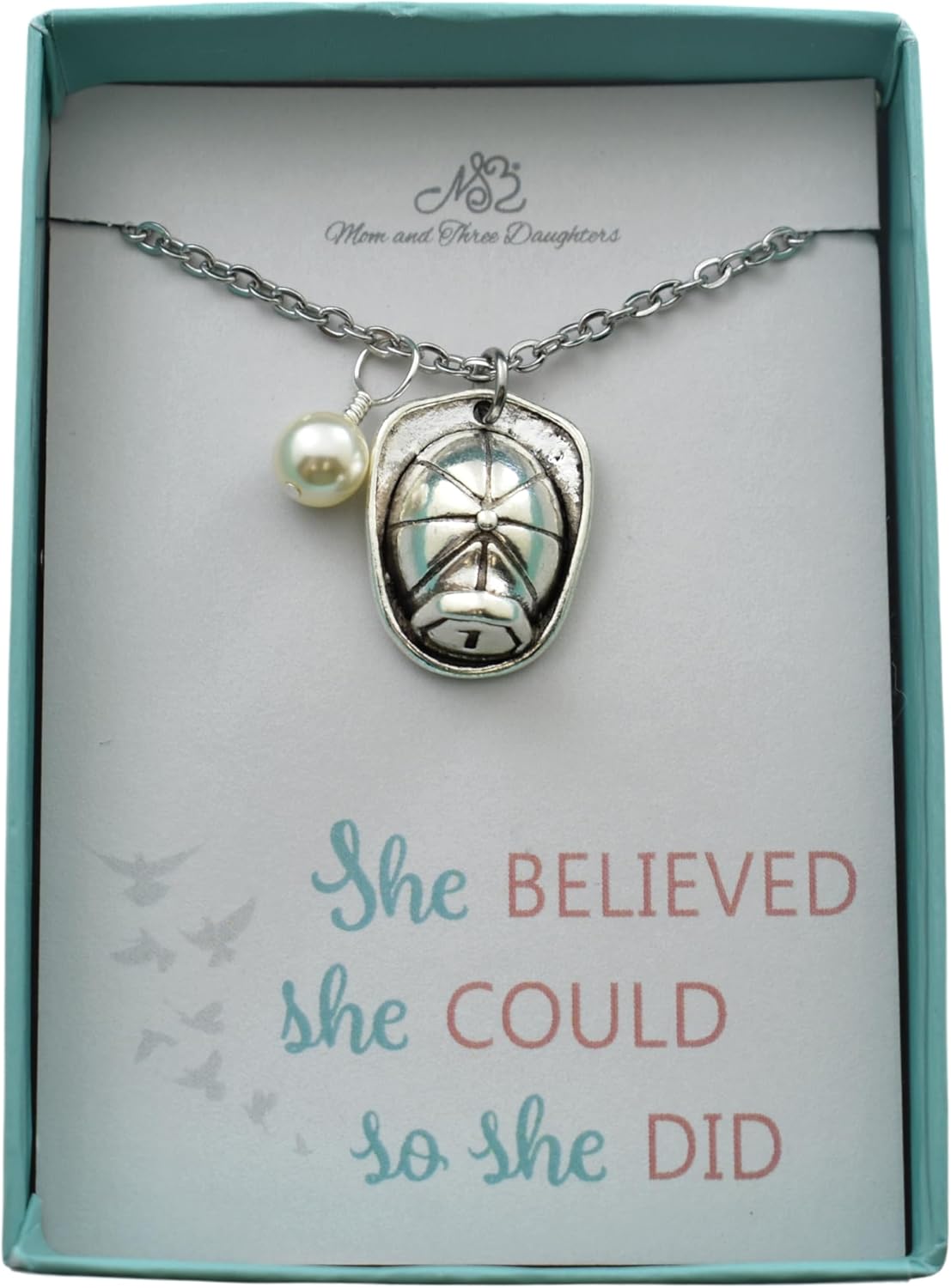 Firefighter Helment Necklace | 6mm Pearl | 18" Chain | Stainless Steel | Firefighter Wife Gift