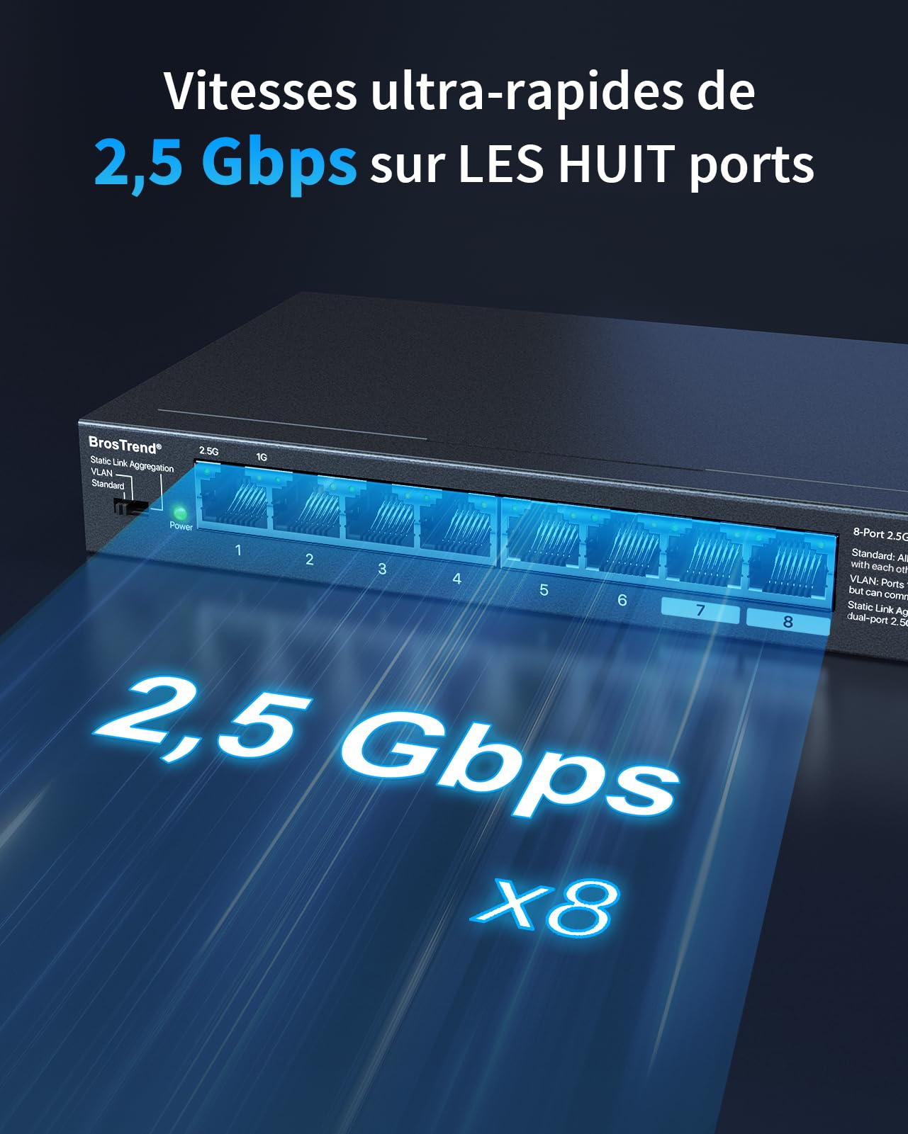 BrosTrend Switch Ethernet 2.5Gbps 8 Ports, Switch RJ45 2.5 Gigabit Unmanaged avec VLAN / Agrégation de Lien Statiques, Hub Ethernet 2,5Gb pour PC NAS, Plug & Play, sans Ventilateur, Protection à Vie