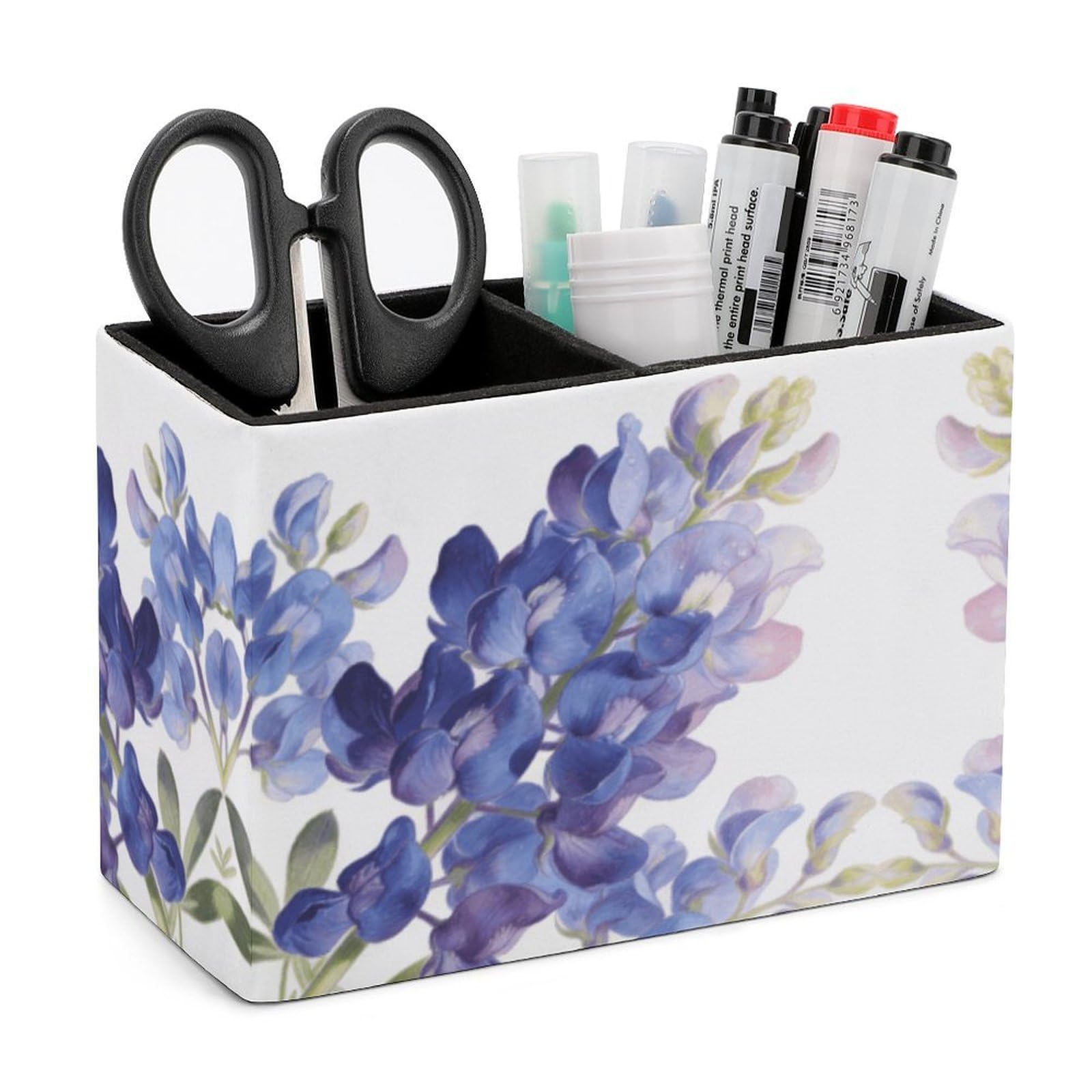 LZQPOEAS Exquisite Patterns PU Leather Pen Holder, Multifunctional Desktop Organizer Caddy with 2 Compartments, Indigo Bloom Pencil Cup Makeup Brush Holder for Office Home