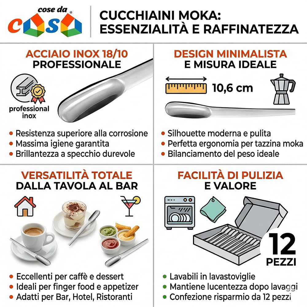 Set 24 Cucchiaini da Caffè Moka e Appetizer in Acciaio Inox 18/10 Design Moderno Minimal 12 con Foro + 12 Classici Lunghezza 10,6 cm Ideale per Bar Catering e Casa STILE QUALITA ELEGANZA MADE IN ITALY