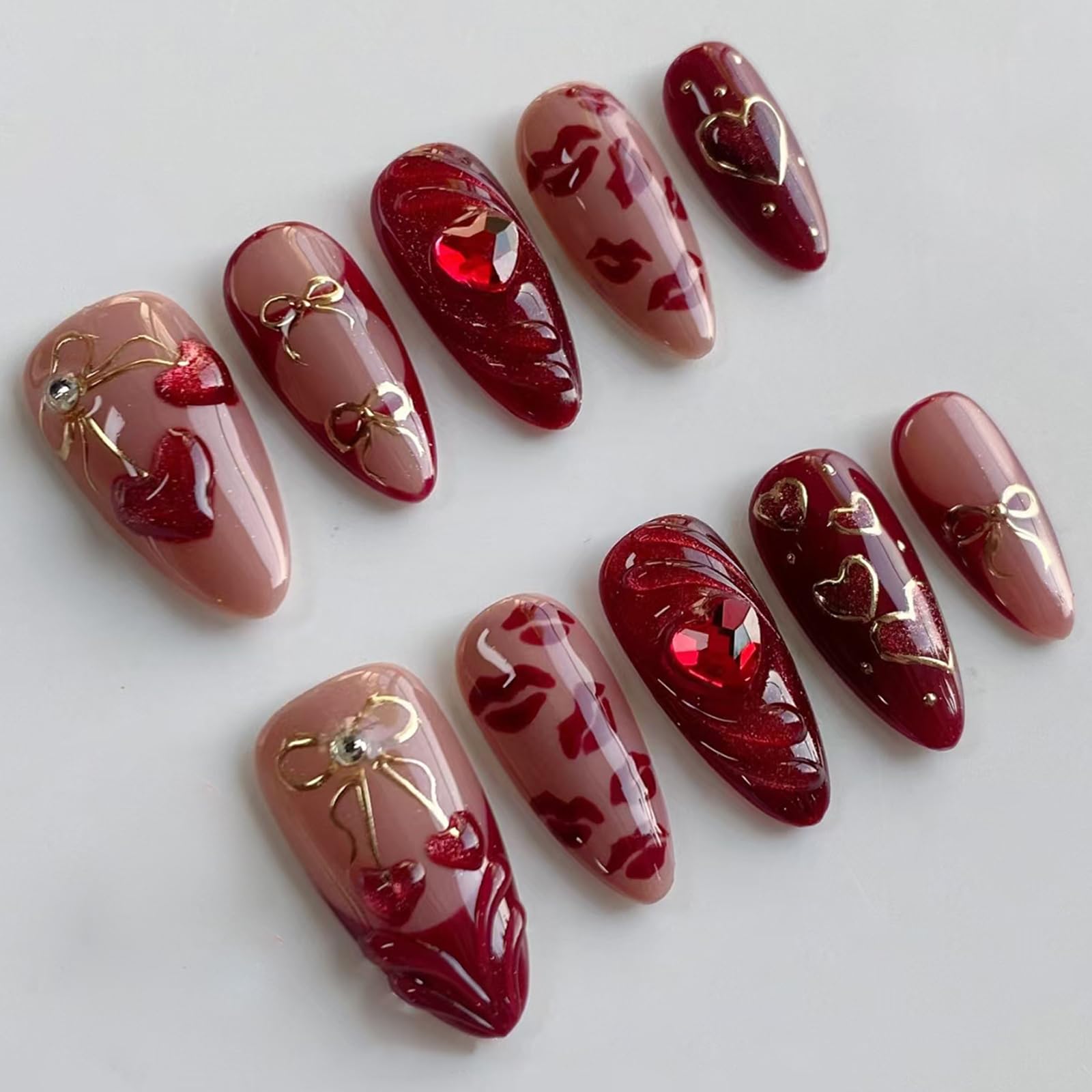 IMRAIN Press on Nails Medium Almonds Fake Nails with Heart Rhinestone Design Glossy Acrylic False Nails Full Cover Red Cherry Bow Glue on Nails for