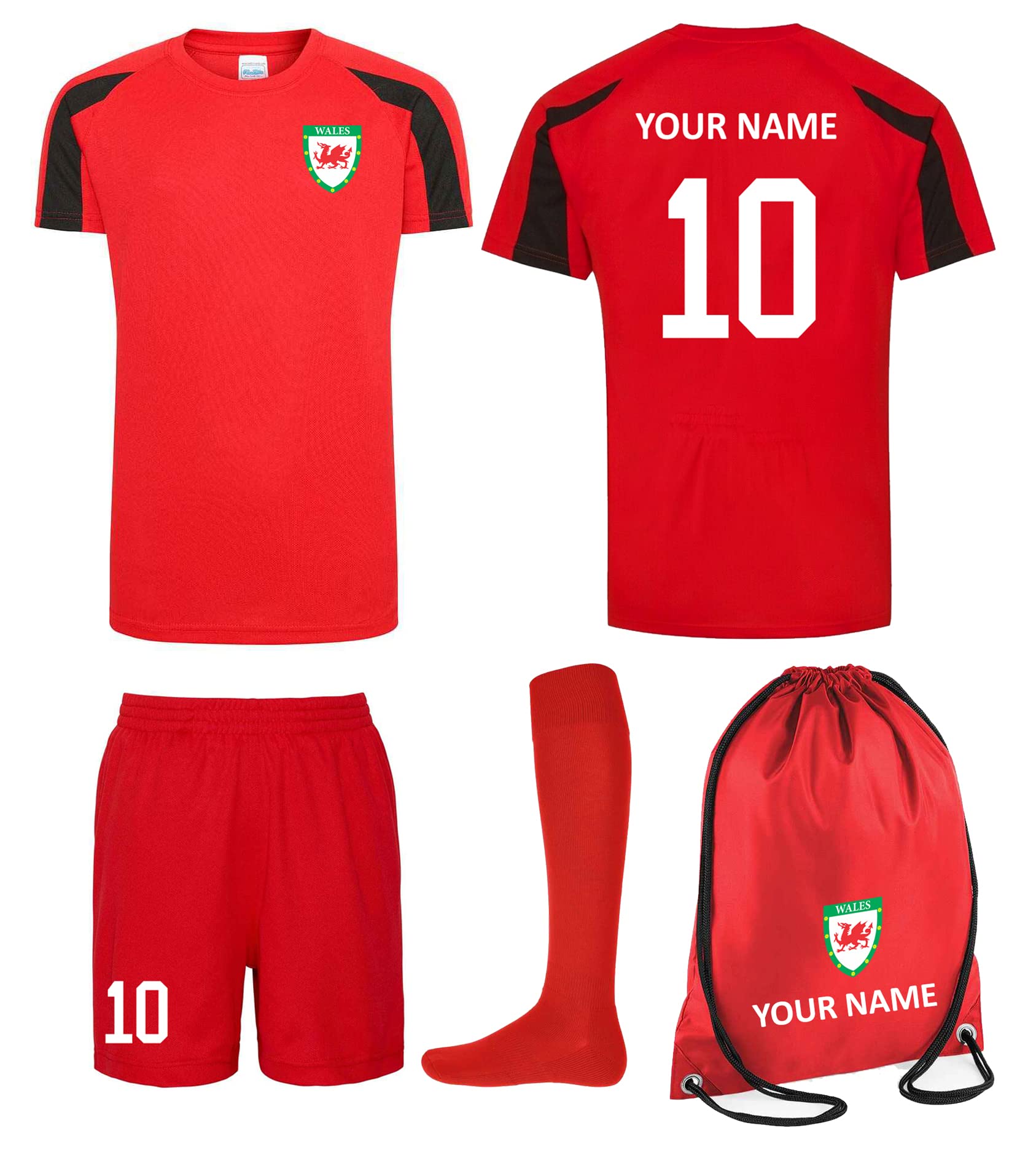 ProspoKids Customised Red & White Wales Style Football Kit Bag Youth Football Wales Boys Or Girls Football Jersey Child Football Kit
