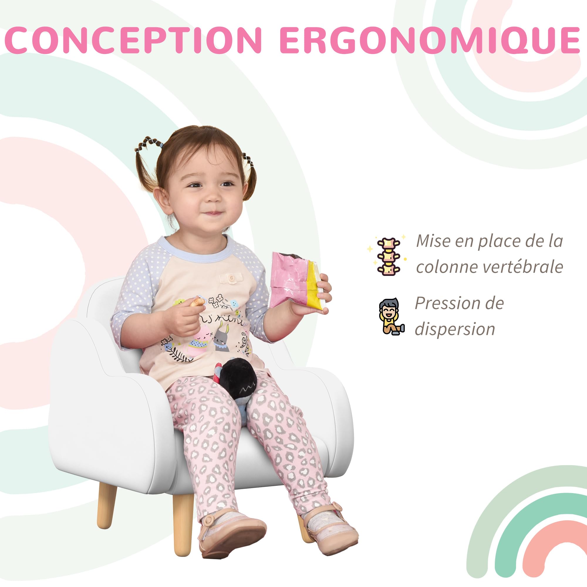 ZONEKIZ Fauteuil pour Enfant Design scandinave Nuage Grand Confort avec piètement inclinés et Tissu 46 x 51 x 55 cm Blanc