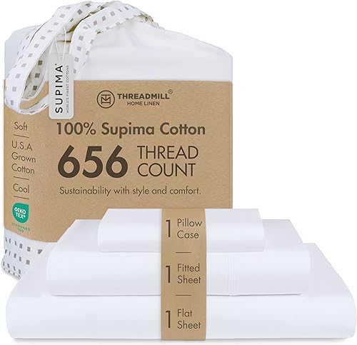 Threadmill Supima - Juego de sábanas de 656 hilos para colchón individual, juego de sábanas de satén sólido con bolsillo profundo de 16 pulgadas,