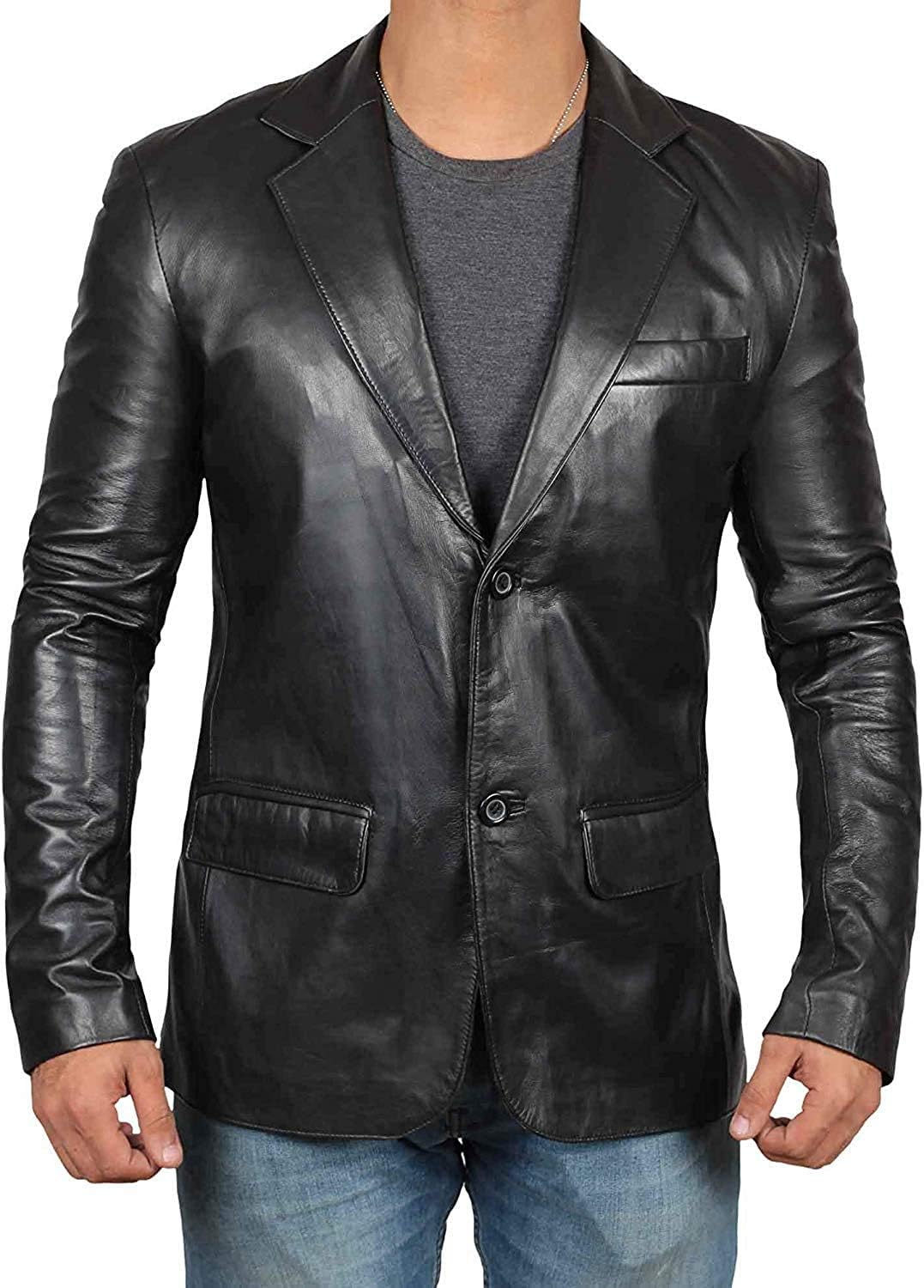 SKINOUTFIT Men's Leather Blazer Genuine Lambskin Classic Casual Sports Coat Jacket 50 L Black