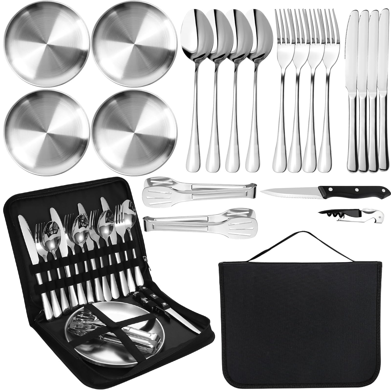 MORAINJAY Silver Camping Cutlery Set for 4 Person,20P Portable Tableware Set for Hiking,Food-Grade Stainless Steel Picnic Utensils Set with Spoons Forks Knife Clip Plate,Case with Zipper